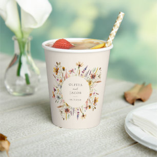 Minimalistische Boho Wildflower Bloemen Bruiloft Papieren Bekers