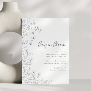 Minimalistische Boho Zwarte Witte Bloem Kunst Baby Kaart