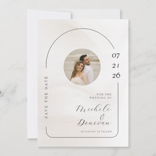 Minimalistische boog en script trouwfoto save the date (Voorkant)