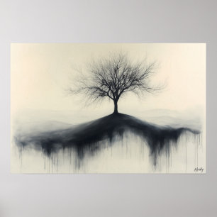 Minimalistische boom op heuvel met druipende schad poster