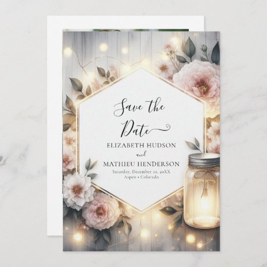 Minimalistische Botanische Mason Jar bruiloft Save The Date (Voorkant / Achterkant)