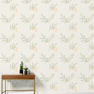 Minimalistische botanische saliegroene en perzikbl behang