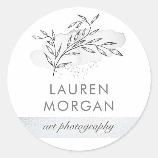 minimalistische botanische zilvermonogram ronde sticker (Voorkant)