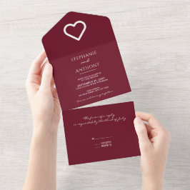 Minimalistische Bourgundy Heart Modern Wedding All In One Uitnodiging