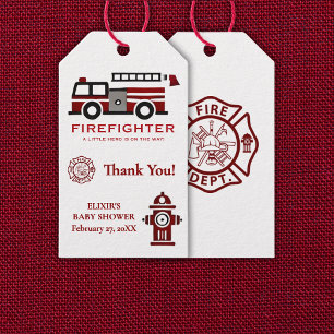 Minimalistische brandweerman "Little Hero" Baby sh Cadeaulabel