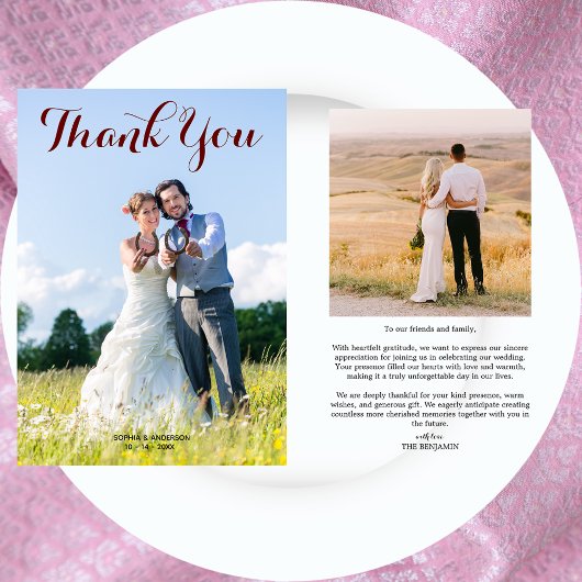 Minimalistische bruiloft foto modern script kallig bedankkaart