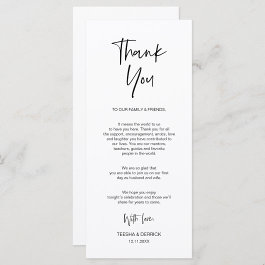 Minimalistische, bruiloft plaats instelling dank u programma (Voorkant / Achterkant)