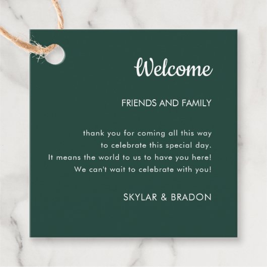 Minimalistische bruiloft smaragd groen welkomstges bedankjes labels (Voorkant)