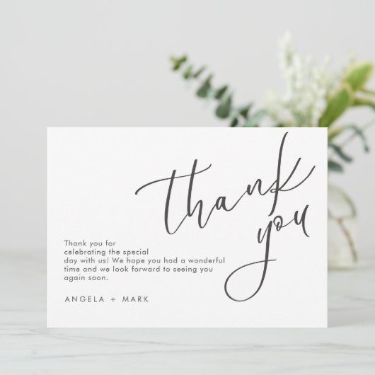 Minimalistische bruiloft zwart script dank u kaart (Staand voorkant)