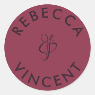Minimalistische Burgundy Trouw Persoonlijke Namen Ronde Sticker