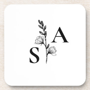 Minimalistische BW Monogram Wildflower Wedding Bier Onderzetter