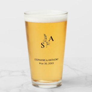 Minimalistische BW Monogram Wildflower Wedding Glas