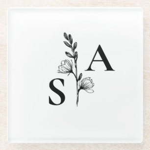 Minimalistische BW Monogram Wildflower Wedding Glazen Onderzetter