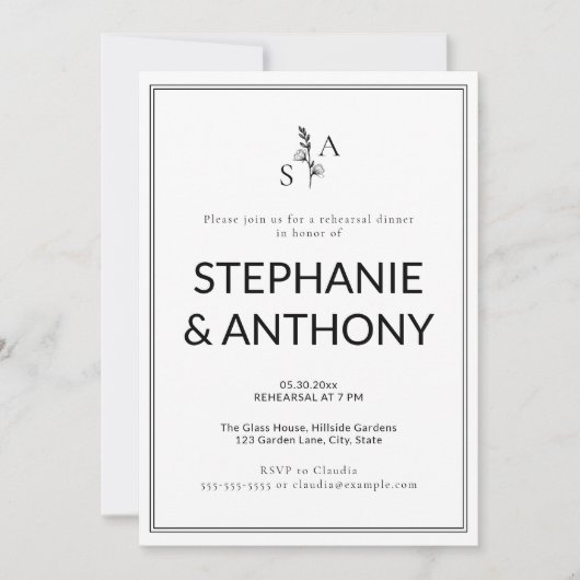 Minimalistische BW Monogram Wildflower Wedding Kaart (Voorkant)