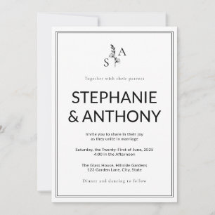 Minimalistische BW Monogram Wildflower Wedding Kaart