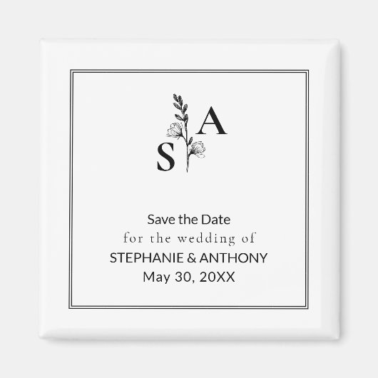 Minimalistische BW Monogram Wildflower Wedding Magneet (Voorkant)