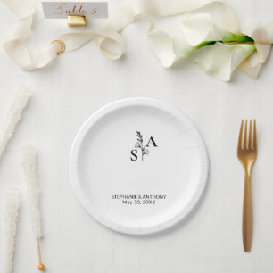 Minimalistische BW Monogram Wildflower Wedding Papieren Bordje