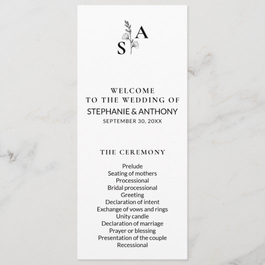 Minimalistische BW Monogram Wildflower Wedding Programma (Voorkant)