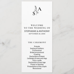 Minimalistische BW Monogram Wildflower Wedding Programma