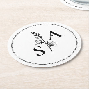 Minimalistische BW Monogram Wildflower Wedding Ronde Kartonnen Onderzetter