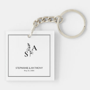 Minimalistische BW Monogram Wildflower Wedding Sleutelhanger