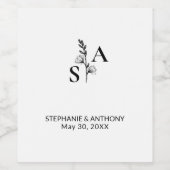 Minimalistische BW Monogram Wildflower Wedding Wijn Etiket (Enkel label)