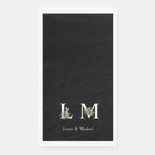 Minimalistische Cactus Monogram Naam Zwart Servet (Voorkant)