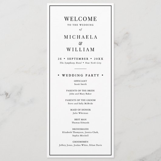 Minimalistische ceremonie en receptie bruiloft programma (Voorkant)