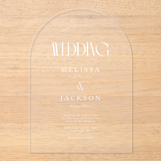 Minimalistische Chic Arch bruiloft uitnodiging Acryl Uitnodigingen (Voorkant)
