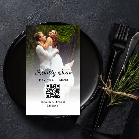 minimalistische chic qr code trouwmenu fotokaart notitiekaartje