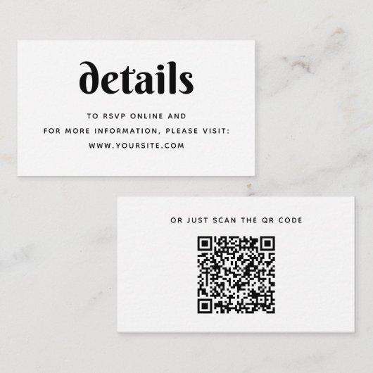 Minimalistische chique trouwdetails + QR-code | ee Informatiekaartje (Voorkant / Achterkant)
