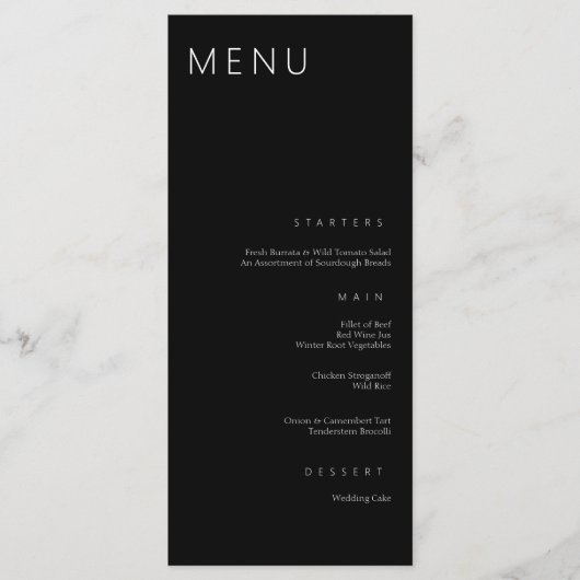 Minimalistische chique zwart-wit moderne bruiloft menu (Voorkant)