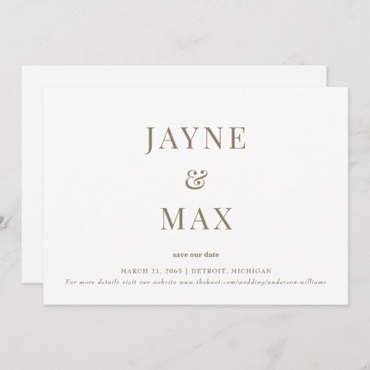 Minimalistische Classy White en Gold Wedding Save Kaart (Voorkant / Achterkant)
