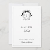 Minimalistische Crest Ribbon Bow Fotobruiloft Save The Date (Voorkant)
