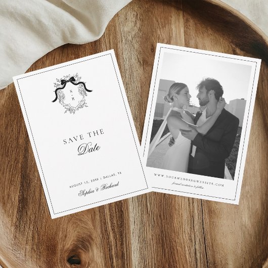 Minimalistische Crest Ribbon Bow Fotobruiloft Save The Date