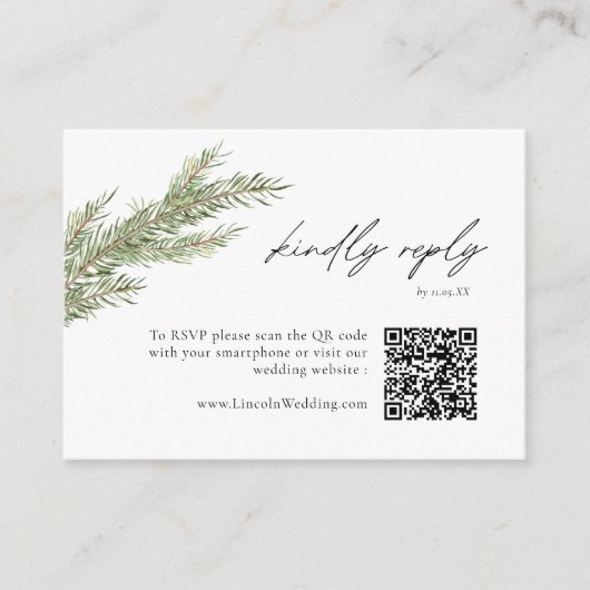 Minimalistische dennenboomtak winter QR-code RSVP Informatiekaartje (Voorkant)