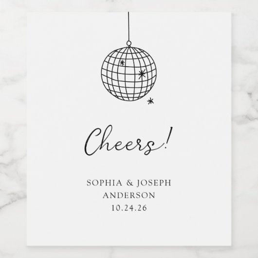Minimalistische Disco Ball | Zwart-wit bruiloft Wijn Etiket (Enkel label)