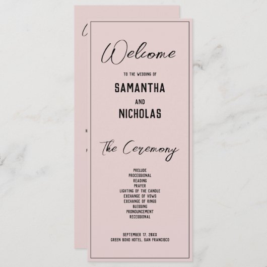 Minimalistische Dusty Pink Wedding Programma (Voorkant / Achterkant)
