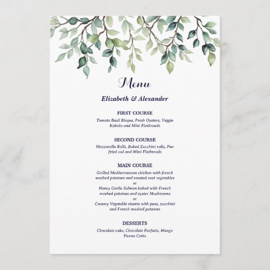 Minimalistische Eenvoudige bladeren bruiloft Menu (Voorkant)