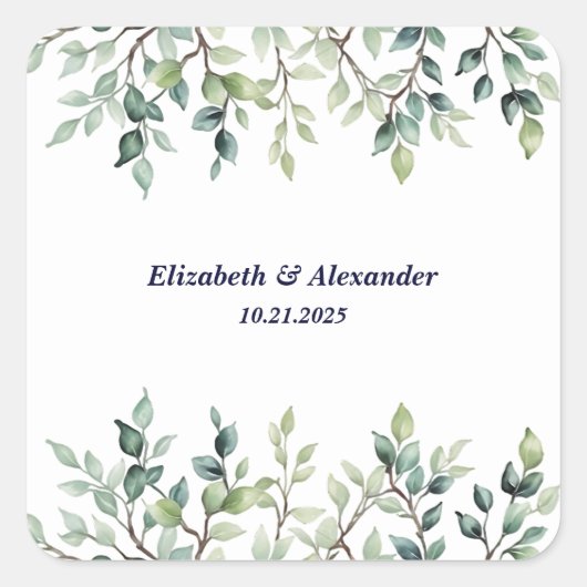 Minimalistische Eenvoudige  bladeren bruiloft Vierkante Sticker (Voorkant)