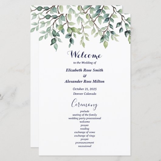 Minimalistische Eenvoudige Bladeren Trouwprogramm (Voorkant / Achterkant)
