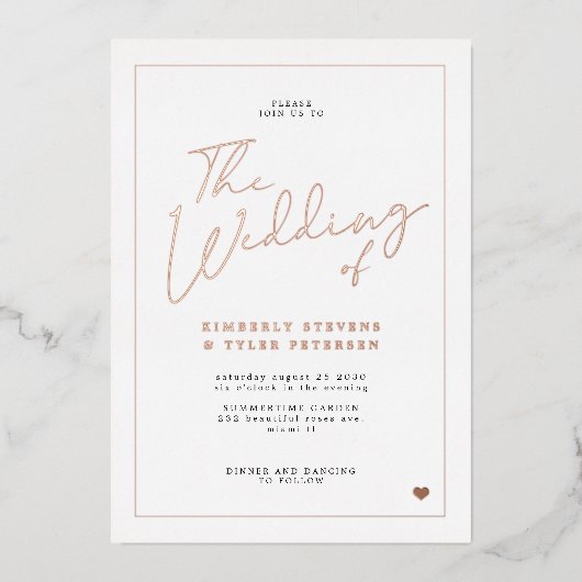 Minimalistische eenvoudige moderne script bruiloft folie uitnodiging (Voorkant)