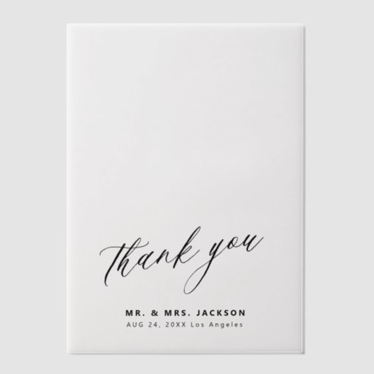 Minimalistische eenvoudige script bruiloft dank u  vellum uitnodigingen (Voorkant)