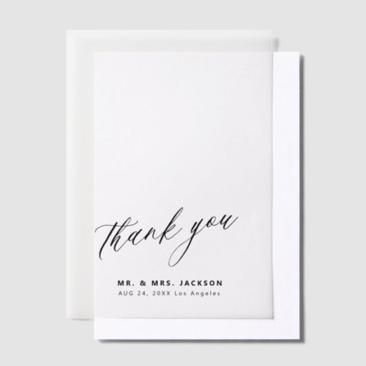 Minimalistische eenvoudige script bruiloft dank u vellum uitnodigingen (Offset)