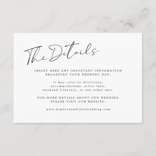 Minimalistische eenvoudige script bruiloft gast de informatiekaartje (Voorkant)