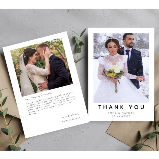 Minimalistische eenvoudige script met hart trouwfo bedankkaart