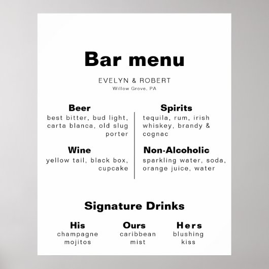 Minimalistische Elegante Formele Trouwbar Menu Pos Poster (Voorkant)