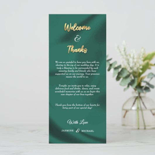 Minimalistische Emerald en Gold Script Welkom Beda (Staand voorkant)