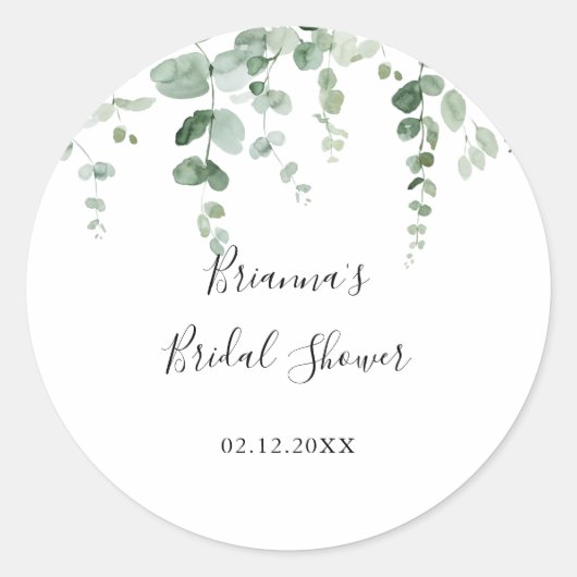 Minimalistische Eucalyptus Bruiloftsfeest Favor  Ronde Sticker (Voorkant)