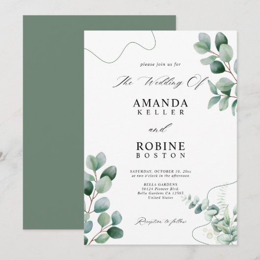 Minimalistische eucalyptus groen bruiloft uitnodig kaart (Voorkant / Achterkant)